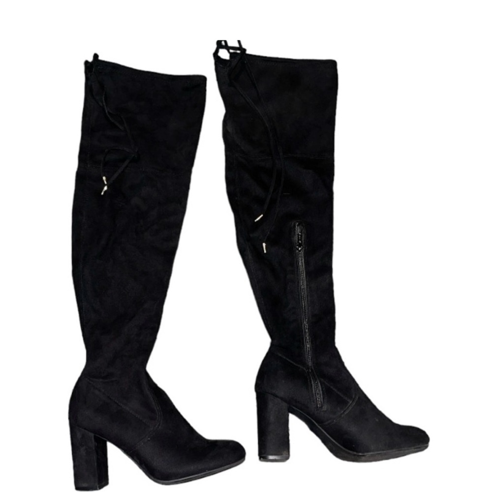Black Suede Over The Knee‎ Boots Block Heel Side Zip Tie Back Women Size 6.5